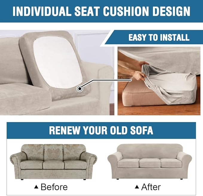 H.VERSAILTEX Real Velvet Plush 3 Piece Stretch Sofa Covers Couch Covers for 2 Cushion Couch Loveseat Covers Width Up to 72 Inch Feature Thick Soft Stay in Place (Medium Sofa, French Oak)