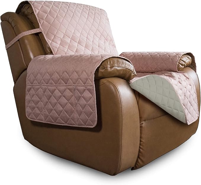Easy-Going Oversized Recliner Cover Reversible Couch Cover Sofa Cover for Living Room Water Resistant Furniture Protector with Elastic Straps for Pets Dog (Oversized Recliner, Pink/Beige)