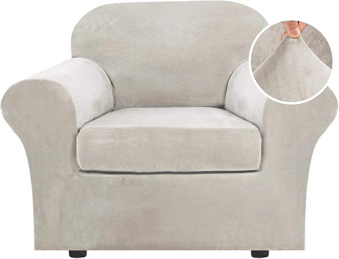 H.VERSAILTEX Rich Polyester Spandex Blend 2 Piece Cover Chair Slipcover Sofa Cover Furniture Protector Couch Soft with Elastic Bottom Chair Couch Cover with Arms Width Up to 49 Inch(Chair, Oatmeal)