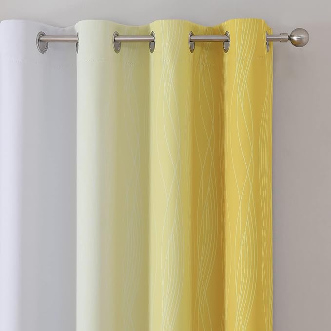 Estelar Textiler Ombre Yellow and Greyish White Blackout Curtains 96 Inches Long for Sliding Door, Gradient Thermal Insulated Full Light Blocking Grommet Blackout Drapes for Bedroom, 52Wx96L, 2 Panels