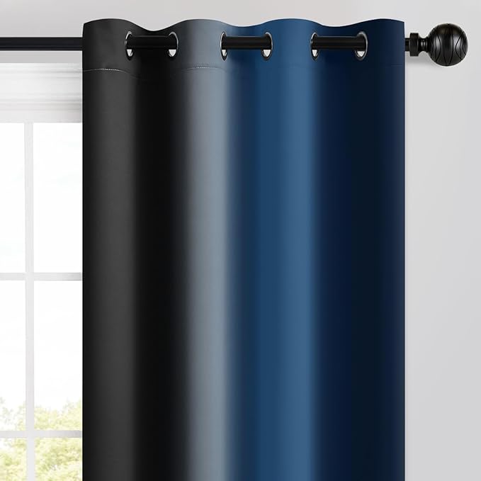 Yakamok Blackout Ombre Dark Blue and Black Curtains for Bedroom, Gradient Room Darkening Curtains, Grommet Thermal Insulated Light Blocking Window Drapes/Curtain for Living Room,52 x 54 Inch,2 Panels