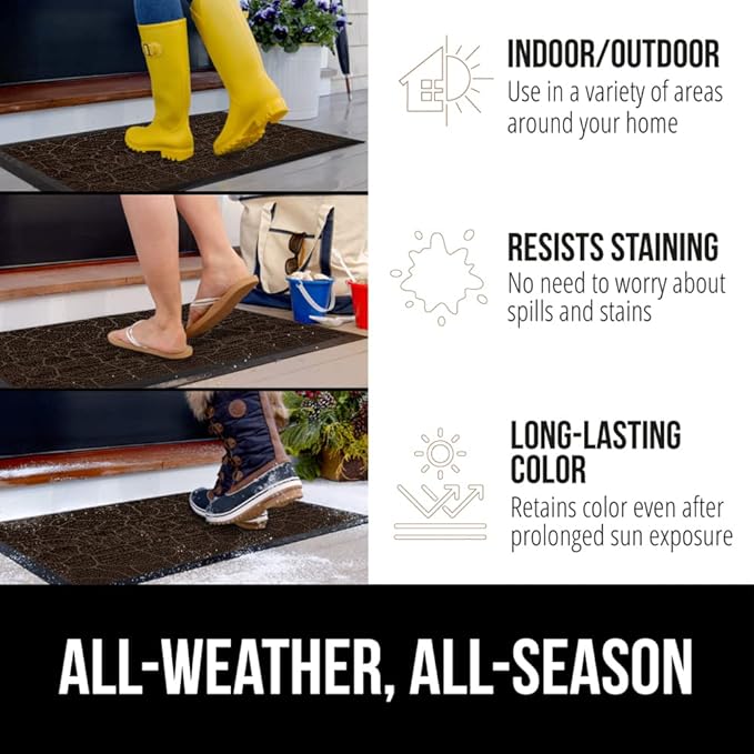 GORILLA GRIP 100% Waterproof All-Season WeatherMAX Doormat 35x23, US Designed Natural Rubber, Stain and Fade Resistant, Low Profile Indoor Outdoor Door Mats, Easy Clean Patio Mat, Dark Brown Pebble