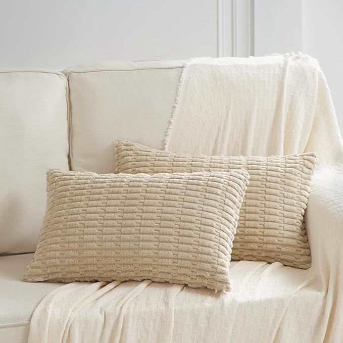 Fancy Homi 4 Packs Tan Decorative Throw Pillow Covers 12x24 Inch for Living Room Couch Bed Sofa, Beige Rustic Farmhouse Boho Home Decor, Soft Plush Striped Corduroy Square Cushion Case 30x60 cm