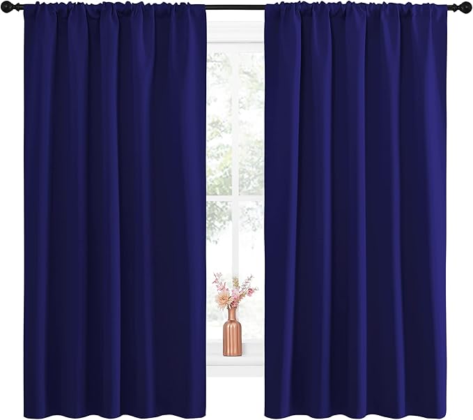 NICETOWN Curtains Blackout Draperies - Modern Design Thermal Insulated Solid Rod Pocket Top Blackout Drapes for Kid's Bedroom, Window Coverings (Navy Blue, 1 Pair, 52 x 63 inches)