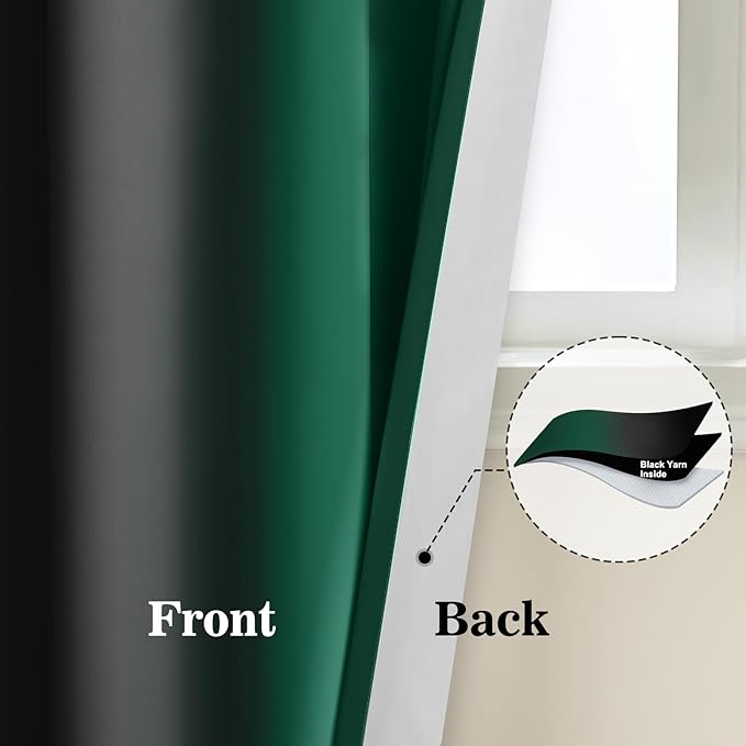 Yakamok Blackout Ombre Dark Green and Black Curtains-Gradient Room Darkening Curtain, Grommet Thermal Insulated Light Blocking Window Drapes Curtain for Living Room Bedroom,52 x 54 Inch,2 Panels