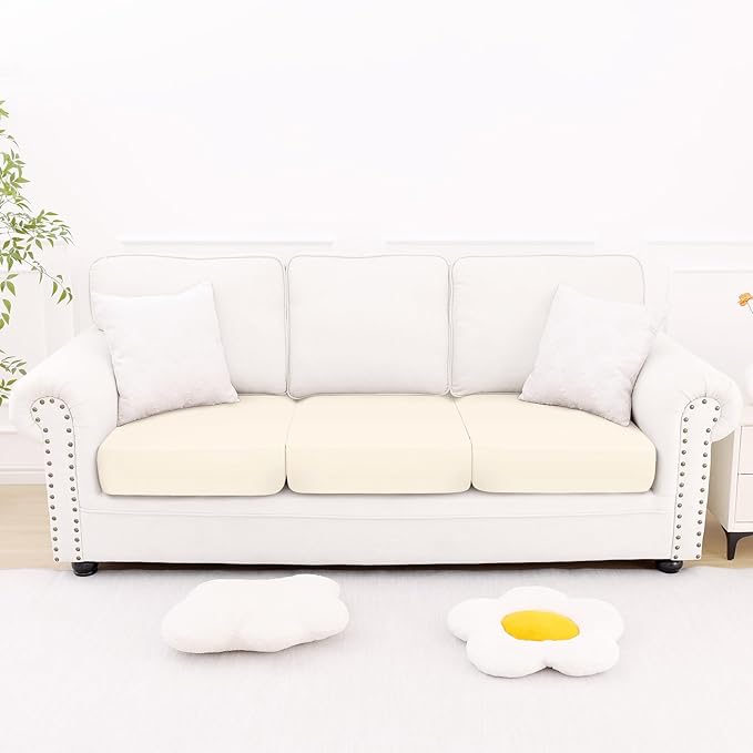 Smiry Printed Couch Cushion Covers, Stretch Soft Couch Covers for Sofa, Washable Non-Slip Sofa Slipcover Furniture Protector for Indoor and Outdoor (3 Pack, Cream)