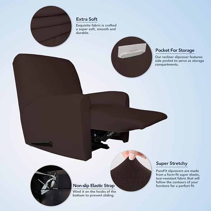 PureFit Super Stretch Chair Sofa Slipcover with Pocket – Spandex Non Slip Soft Couch Sofa Cover, Washable Furniture Protector with Elastic Bottom for Kids, Pets （Recliner, Chocolate）