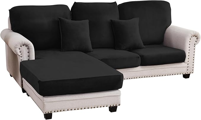 Couch Cover 3-Piece Elastic Velvet Couch Cushion Covers & Chaise Slipcovers for L-Shaped Sofas, Sofa Seat Covers Washable, Soft Cover for Couches (2 Seater + Chaise, Black)