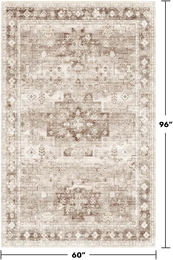 Hazo Haus Washable Neutral Farmhouse Living Room Rug, 5x8 Area Rugs for Bedroom Under Bed, Nursery Room, Boho Vintage Floral Non-Slip Rug Low Pile Stain Resistant (5x8 Beige/Latte)