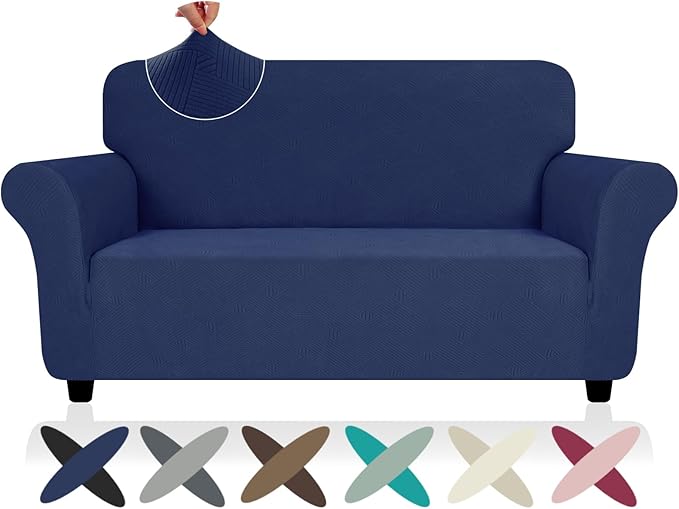 ZNSAYOTX Super Stretch Loveseat Covers (57"-70"), New Striped Love Seat Slipcover, Dogs Pet Friendly Anti-Slip Couch Protector Spandex Durable 2 Seater Fabric Sofa Cover (Navy Blue, Loveseat)