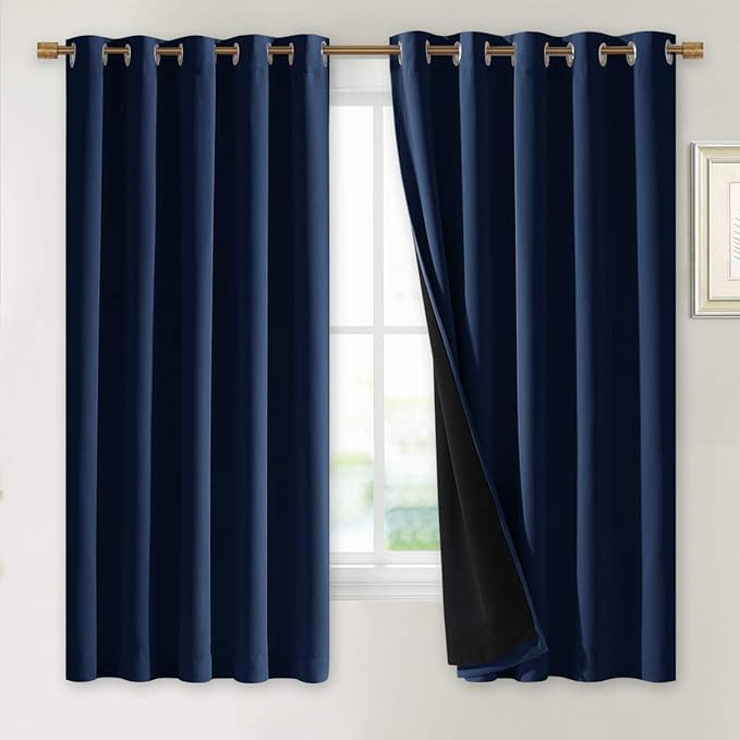 NICETOWN 100% Blackout Curtain Panels, Thermal Insulated Black Liner Curtains for Nursery Room, Noise Reducing and Cold Blocking Drapes for Windows (Navy Blue, Set of 2, 70-inch Wide by 63-inch Long)