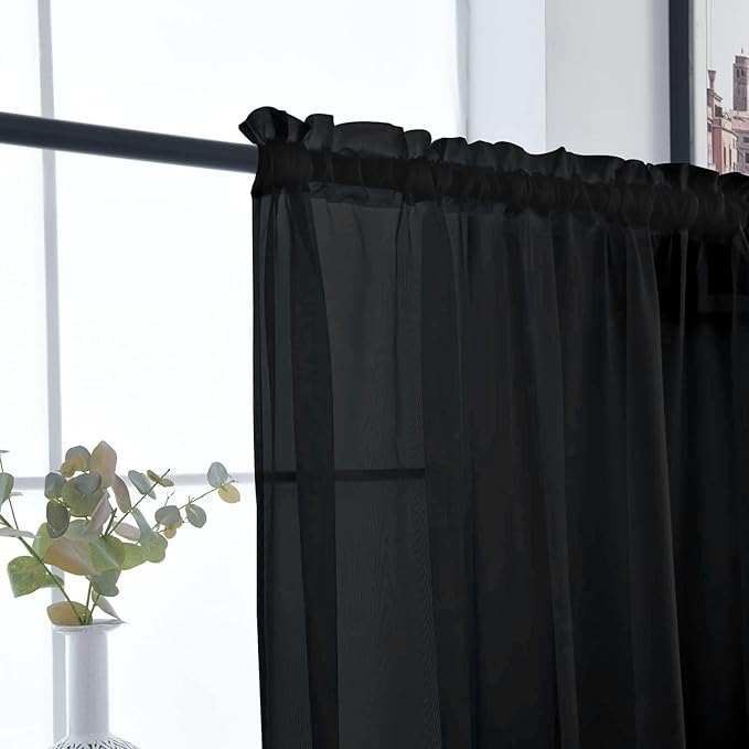 SpaceDresser Basic Rod Pocket Sheer Voile Window Curtain Panels Black 1 Pair 2 Panels 26 Width 30 Inch Long for Kitchen Bedroom Children Living Room Yard（Black，26Wx 30L）