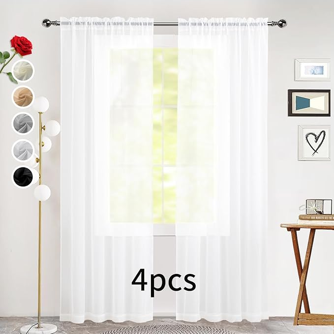 SpaceDresser Sheer White Curtains 4 Panels Rod Pocket Semi-Sheer Curtain 96 Inches Long Light Filtering Voile Window Drapes for Bedroom Living Room Kitchen, Each 52W x 96L