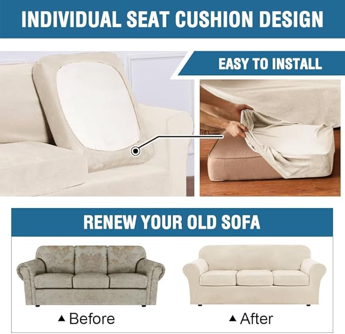 H.VERSAILTEX High Stretch Sofa Slipcover 4 Piece Cover Velvet Furniture Protector Form Fit Thick Velvet Extra Large Sofa Cover for 3 Cushion Couch Width Up to 97 Inch (Large Sofa, Cream)