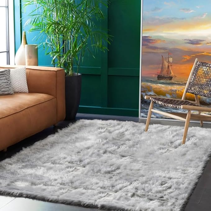 Goolela Grey Sheepskin Area Rug 5x7 Fluffy Fuzzy Furry Carpet for Bedroom Living Room Faux Fur Soft Plush Shaggy Washable Rectangle