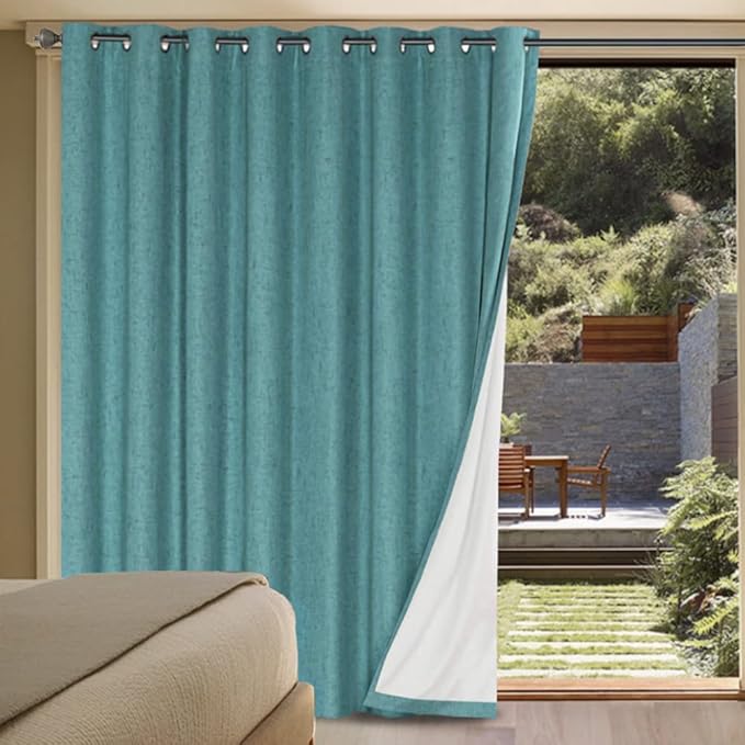 H.VERSAILTEX Linen Blackout Curtains Durable Thick Textured Linen Look 100% Blackout Patio Door Curtain Anti Rust Grommet Extra Wide Sliding Door Curtain Panel, W100 x L108 inch - Teal