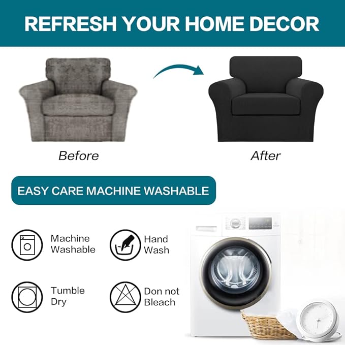 Turquoize 2 Piece Chair Covers Chair Slipcovers for Living Room Armchair Couch Cover Chair Sofa Cover with Individual Cushion Covers Furniture Cover for Chairs Feature Jacquard Fabric (Chair, Black)
