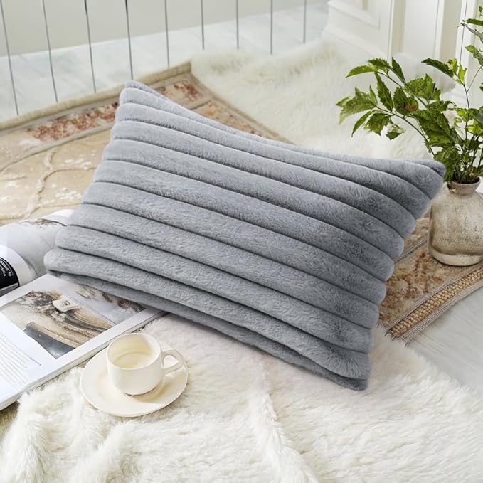 decorUhome Cozy Faux Fur Throw Pillow Covers 12x20 Set of 2 Decorative Soft Plush Striped Lumbar Modern Farmhouse Boho Couch Pillow Cases with Velvet Back for Sofa Bed Living Room, Grey