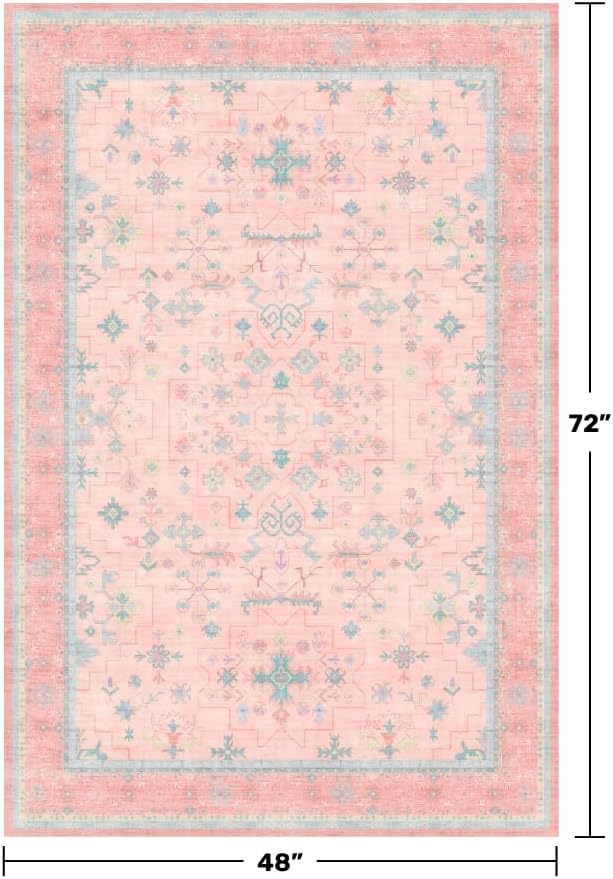 Hazo Haus Nursery Area Rug 4x6 - Pink Rugs for Girls Bedroom, Living Room - Washable Low Pile Non-Slip Charming Boho Vintage Traditional Oushak Design, Perfect for Kids Rooms