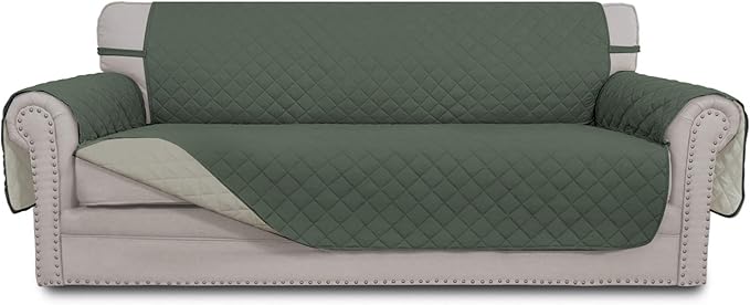 Easy-Going Reversible Oversized Couch Cover for 3 Cushion Couch Sofa Cover for Dogs Water Resistant Furniture Protector Cover with Foam Sticks for Pet (Oversized Sofa, Greyish Green/Beige)