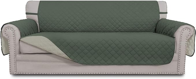 Easy-Going 4 Seater Sofa Slipcover Reversible Sofa Cover Water Resistant Couch Cover with Foam Sticks Elastic Straps Furniture Protector for Pets Children Dog Cat (XX-Large, Greyish Green/Beige)