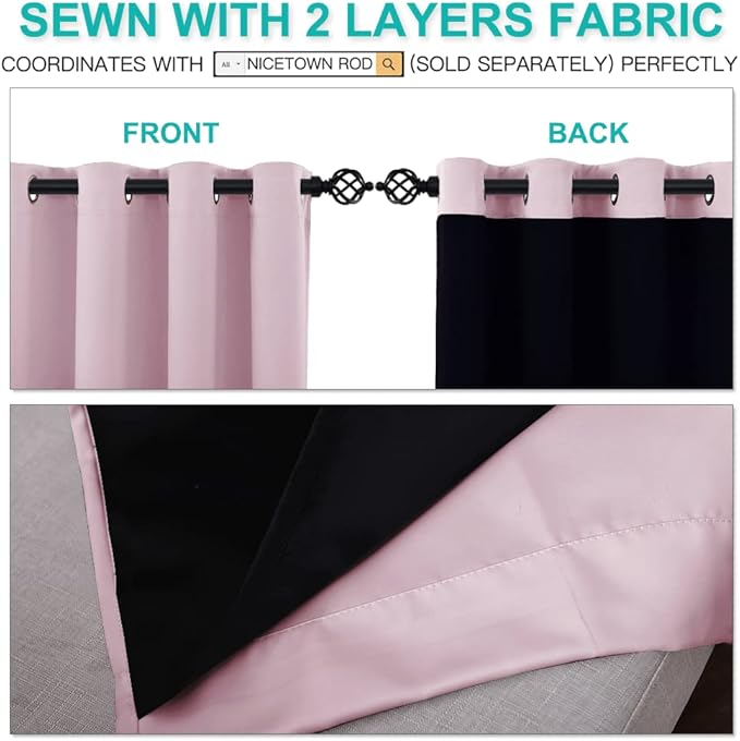 NICETOWN 100% Blackout Curtains 45 inches Long, 2 Thick Layers Completely Blackout Window Treatment Thermal Insulated Lined Drapes for Small Window (Lavender Pink, 1 Pair, 52 inches Width Each Panel)