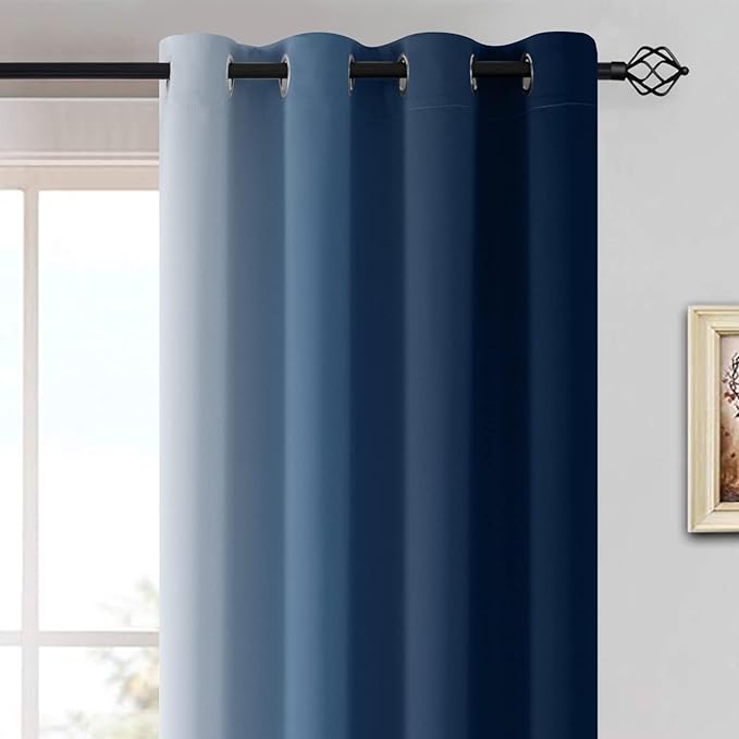 Yakamok Room Darkening Ombre Curtains,Thermal Insulated Grommet Window Drapes, Light Blocking Gradient Color Curtains for Bedroom(Blue and Greyish White, 52x45 Inch, Set of 2)