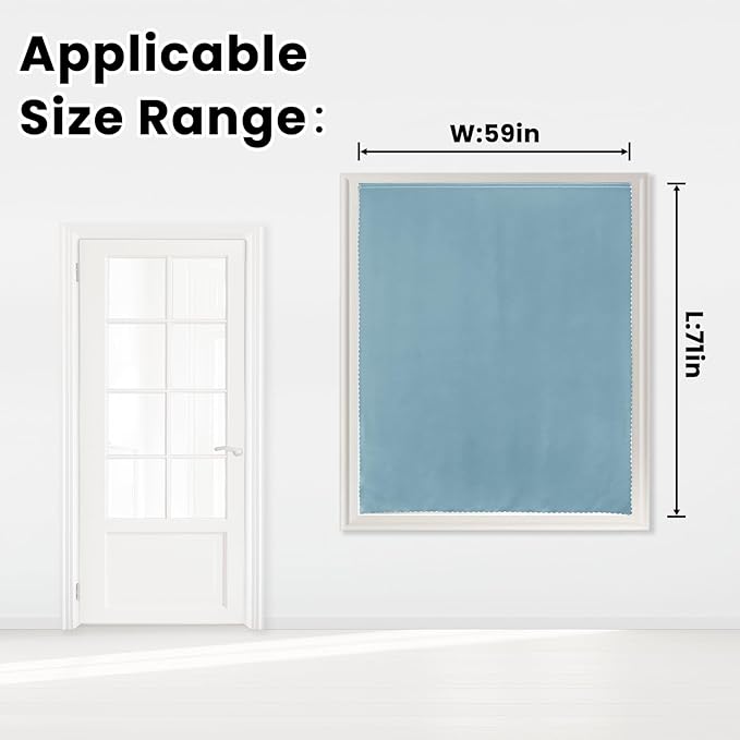 Self Adhesive Curtains, Black Out Shade for Window, Blackout Fabric Temporary Window Coverings Easy to Hang Curtains No Rod Needed, Use for Bedroom, Room, Kitchen, 59"W X 71"L, Lake Blue, 1 Panel