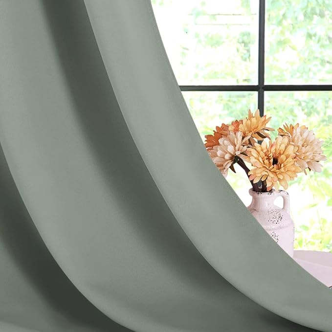 NICETOWN Greyish Green Blackout Draperies Curtains for Kids Room, Window Treatment Thermal Insulated Solid Grommet Blackout Drape Panels for Bedroom (Set of 2, 70 by 72 inches)