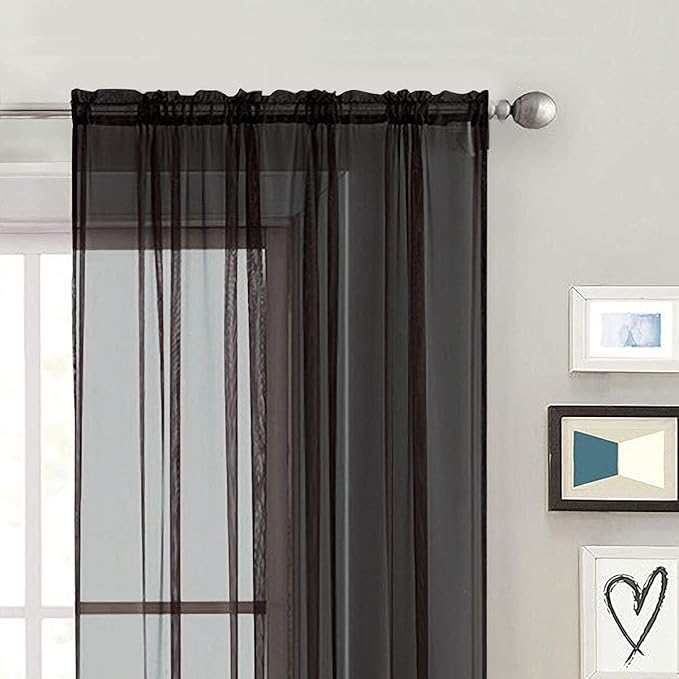 SpaceDresser Basic Rod Pocket Sheer Voile Window Curtain Panels White 1 Pair 2 Panels 60 Width 108 Inch Long for Kitchen Bedroom Children Living Room Yard(Black,60 W x 108 L)