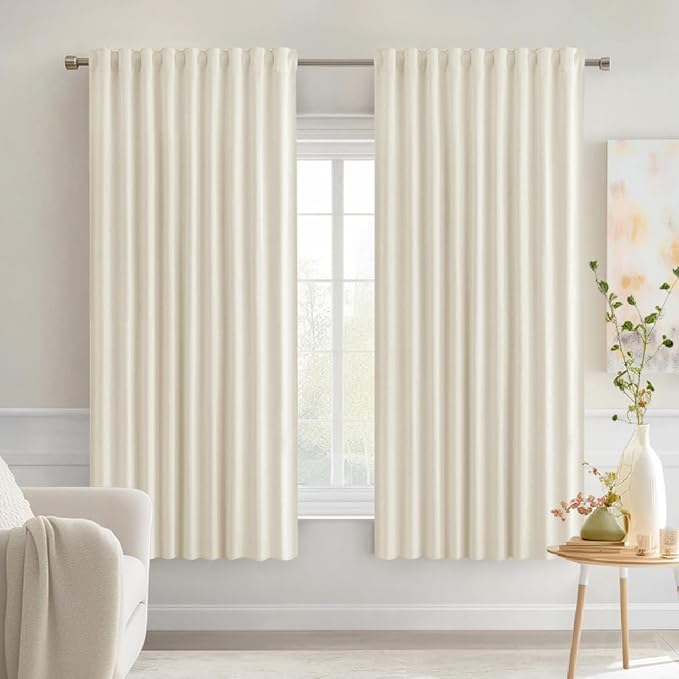 MIULEE Beige White Back Tab Blackout Curtains 63 Inch Length 2 Panels Set for Living Room Bedroom Privacy, Rod Pocket/Pinch Pleat Thermal Insulated Room Darkening Pleated Light Blocking Drapes