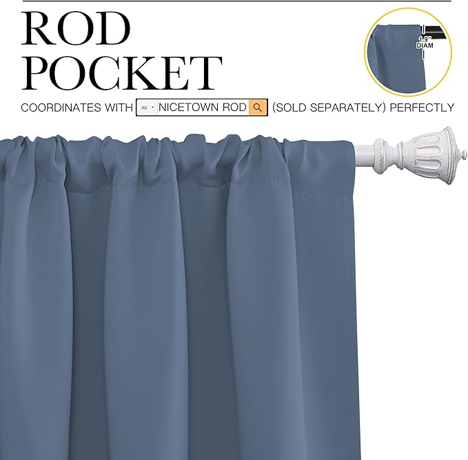 NICETOWN Kitchen Curtains, Short Blackout Curtains & Drapes, Thermal Insulated Blackout Curtain Panels for Kids Room, Play Room (Stone Blue, 34" Wide by 45" Long, 2 PCs)
