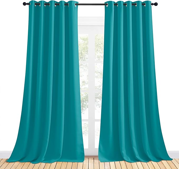 NICETOWN Thermal Insulated Peacock Teal Curtains for Living Room, Window Treatment Solid Grommet Room Darkening Drape Panels for Bedroom (Set of 2, 70 by 95 inches Long)