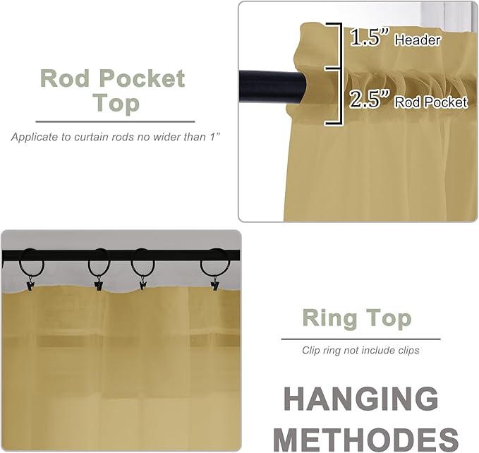 OWENIE Sheer Gold Curtains, Sheer Curtains 63 inch Length 2 Panels Set, Rod Pocket Voile Fimly Sheer Drapes for Living Room Bedroom, 2pcs, Gold, Each 59" W x 63" L