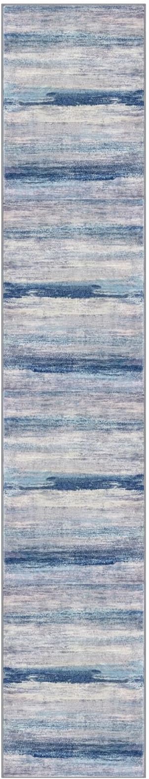 KOZYFLY Modern Abstract Washable Rug Runner 2.6x14 Hallway Rug Runner Non-Slip Soft Kitchen Runner Rugs, Blue/Grey/Beige Striped Carpet for Entryway Bathroom Laundry Room Foyer