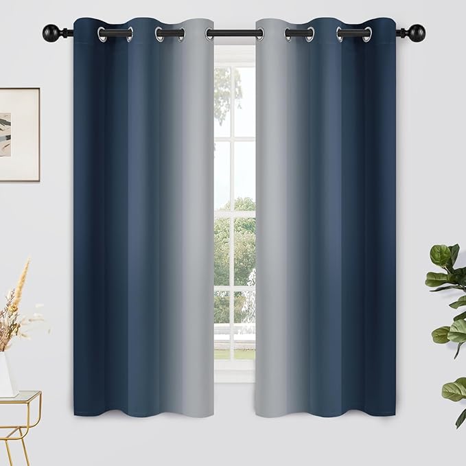 Yakamok Room Darkening Ombre Curtains 63 Inch Length, Navy Blue and Greyish White Thermal Insulated Gradient Color Curtains,Light Blocking Grommet Window Drapes for Bedroom,42 Inch Width,2 Panels