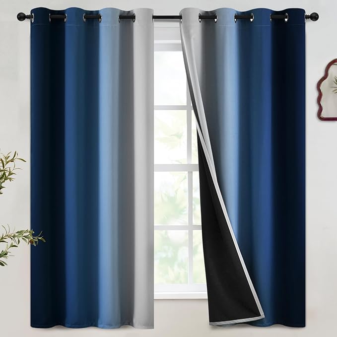 SimpleHome Blue Ombre 100% Blackout Curtains for Bedroom 63 Inches Long, Room Darkening Thermal Insulated Grommet Curtains for Living Room, 2 Panels, 52x63 inches Length