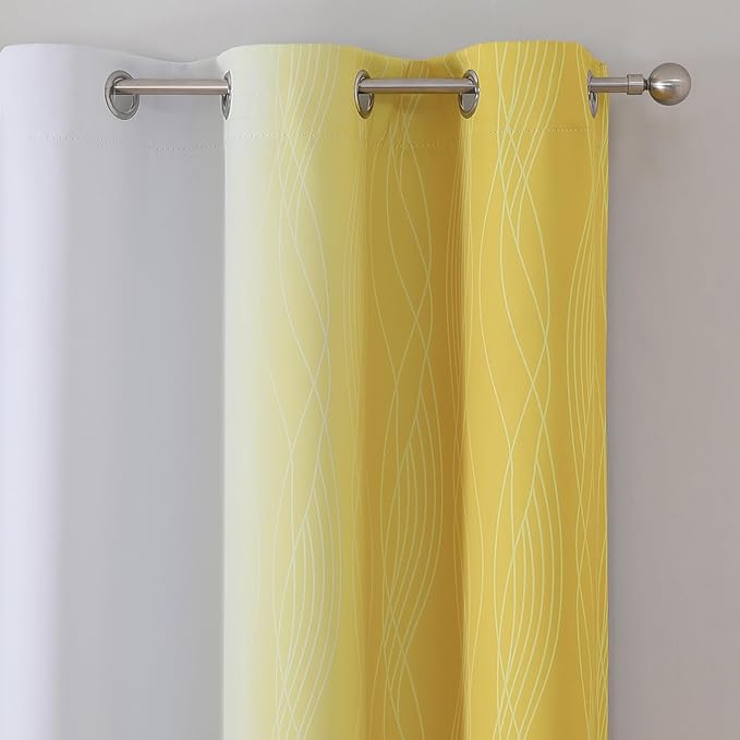 Estelar Textiler Yellow and Greyish White Gradient Room Darkening Blackout for Living Room, Thermal Insulated Ombre Light Blocking Grommet Blackout Drapes for Bedroom, 42Wx84L, 2 Panels