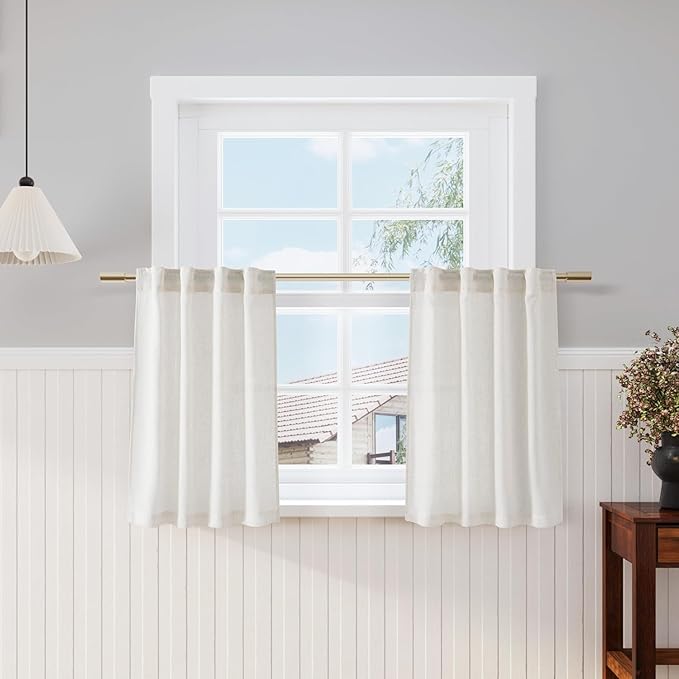Nanspring 30 Inch Long Cream Curtains for Kitchen Linen Blend Semi Sheer Back Tab and Rod Pocket Light Filtering for Bathroom Small Window Curtain 25 x 30 Inch,2 Panels