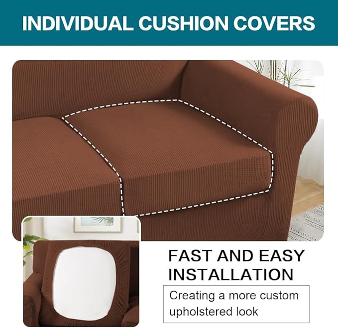 Turquoize 4 Piece Sofa Covers for 3 Cushion Couch Sofa Slipcover Soft Couch Cover for Dogs Washable Furniture Cover with 3 Individual Large Cushion Covers Feature Fabric (Large Sofa, Caramel)