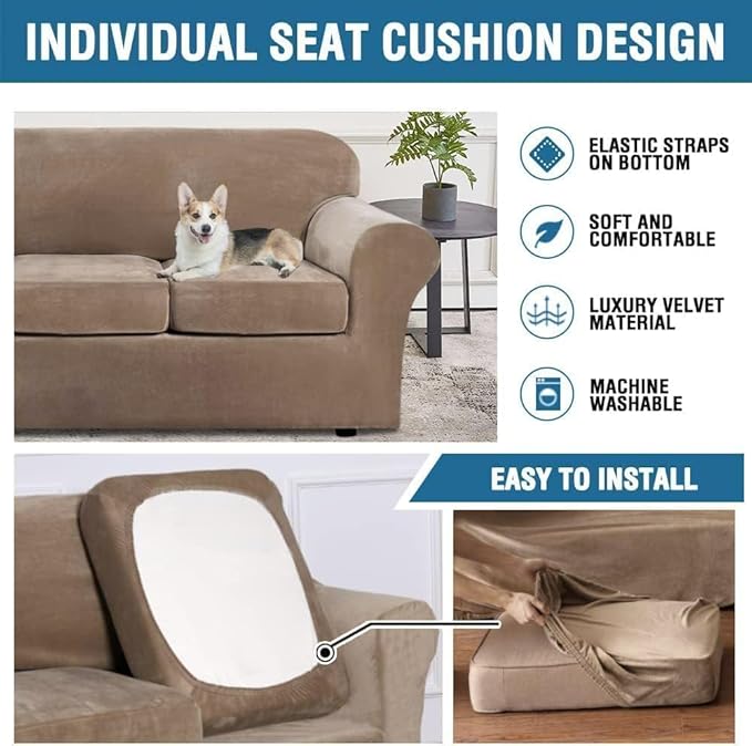 H.VERSAILTEX High Stretch Sofa Slipcover 4 Piece Cover Velvet Furniture Protector Form Fit Thick Velvet Extra Large Sofa Cover for 3 Cushion Couch Width Up to 97 Inch (Large Sofa, Camel)