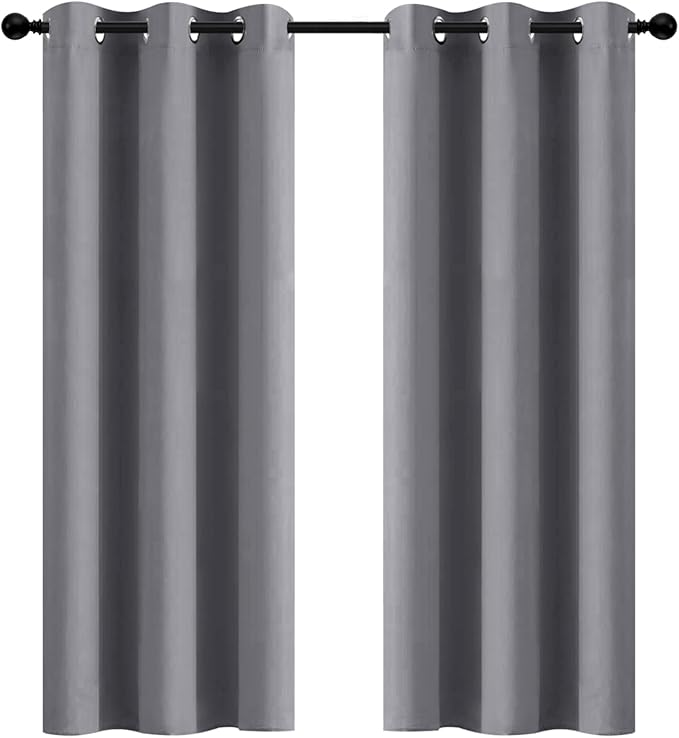 Yakamok Room Darkening Gray Blackout Curtains Thermal Insulated Grommet Curtain Panels for Bedroom, 42W x 72L, Grey, 2 Panels
