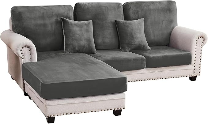 Couch Cover 3-Piece Elastic Velvet Couch Cushion Covers & Chaise Slipcovers for L-Shaped Sofas - Sofa Seat Covers Washable, Soft Protector for Couches (2 Seater + Chaise, Grey)