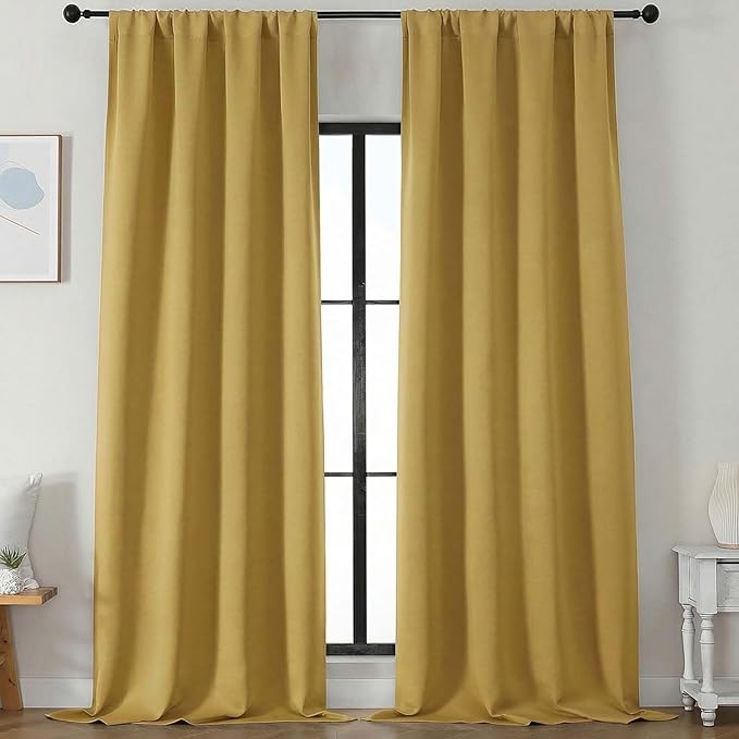 Simplebrand Ava Blackout Curtains for Patio 108 Inches Long 2 Panels Set, Solid Thermal Insulated Room Darkening Rod Pocket Window Treatment Curtains Blackout Drapes, W50 x L108 Inch, Bright Gold
