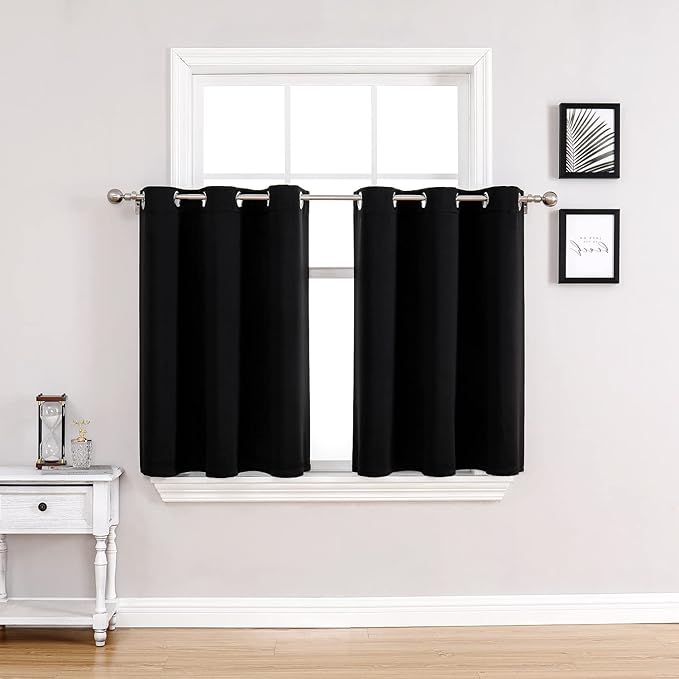 ChrisDowa Small Window Curtains for Kitchen and Bedroom - Grommet Short Thermal Insulated Room Darkening Curtains (2 Panels, Black, 36 x 24 Inch)