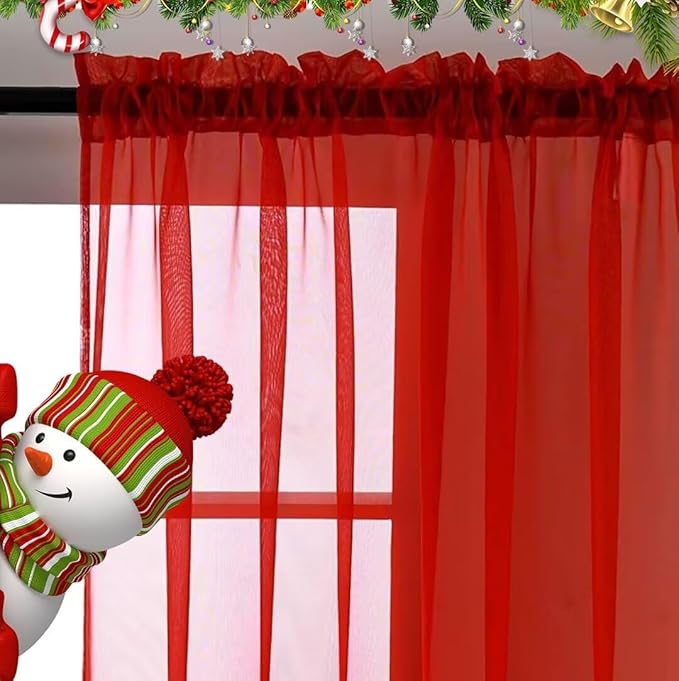 SpaceDresser Basic Rod Pocket Sheer Voile Window Curtain Panels White 1 Pair 2 Panels 60 Width 96 Inch Long for Kitchen Bedroom Children Living Room Yard(Red,60 W x 96 L)