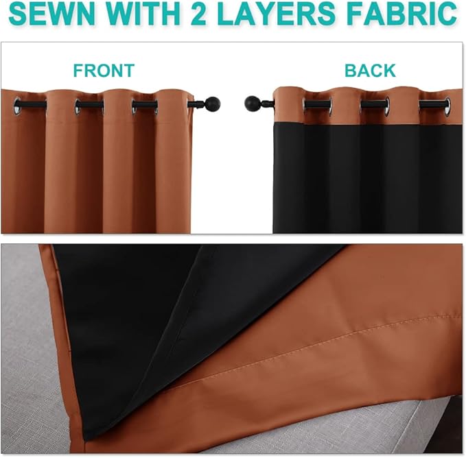 NICETOWN 100% Blackout Window Curtain Panels, Full Light Blocking Drapes with Black Liner for Nursery, 78-inch Drop Thermal Insulated Draperies (Burnt Orange, 2 Pieces, 55-inch Wide Per Panel)