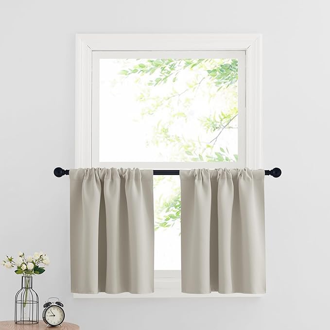 RYB HOME Cafe Curtains 30 inch Length, Short Light UV Heat Blocking Energy Saving Privacy Curtain Tiers for Basement Bathroom Kitchen Window, Width 29 by Length 30, Natural, 2 Panels