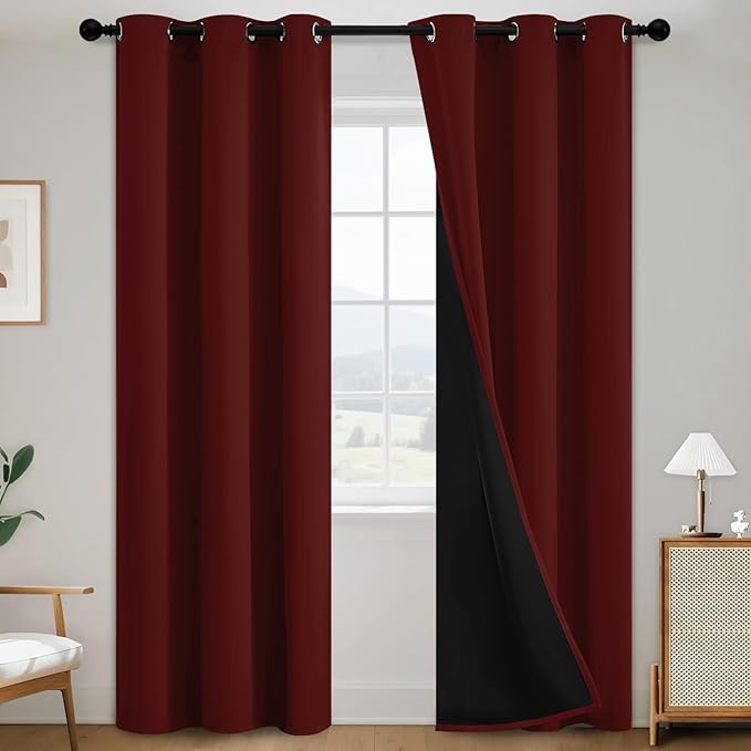 SimpleHome 100% Blackout Curtains for Bedroom,Thermal Insulated Burgundy Grommet Window Drapes Room Darkening Curtains for Living Room with Black Back,38 x 84 Inch,2 Panels