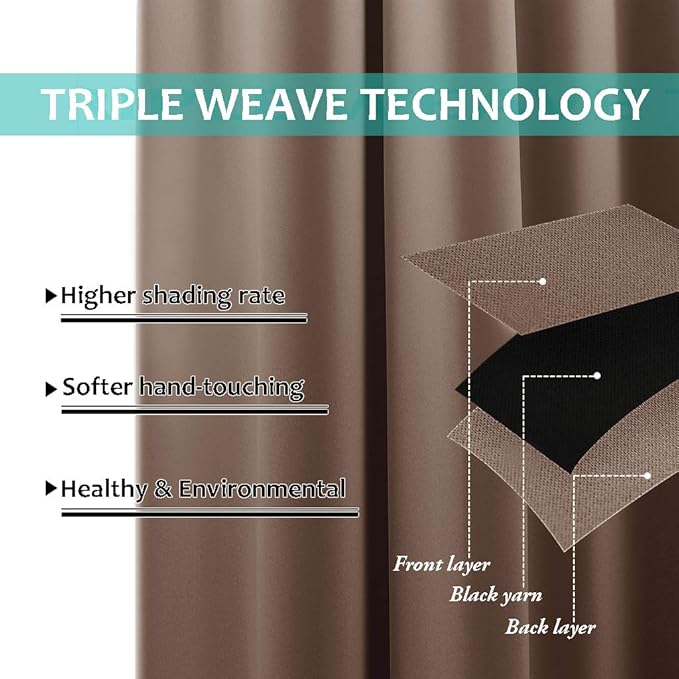 NICETOWN Cold Reducing Curtains, Complete Blackout Shades for Large Windows, 100% Blackout Window Curtain Panels with Black Lined, 52 inches Width Each Panel, 95 inches Length, Cappuccino, 2 Pieces